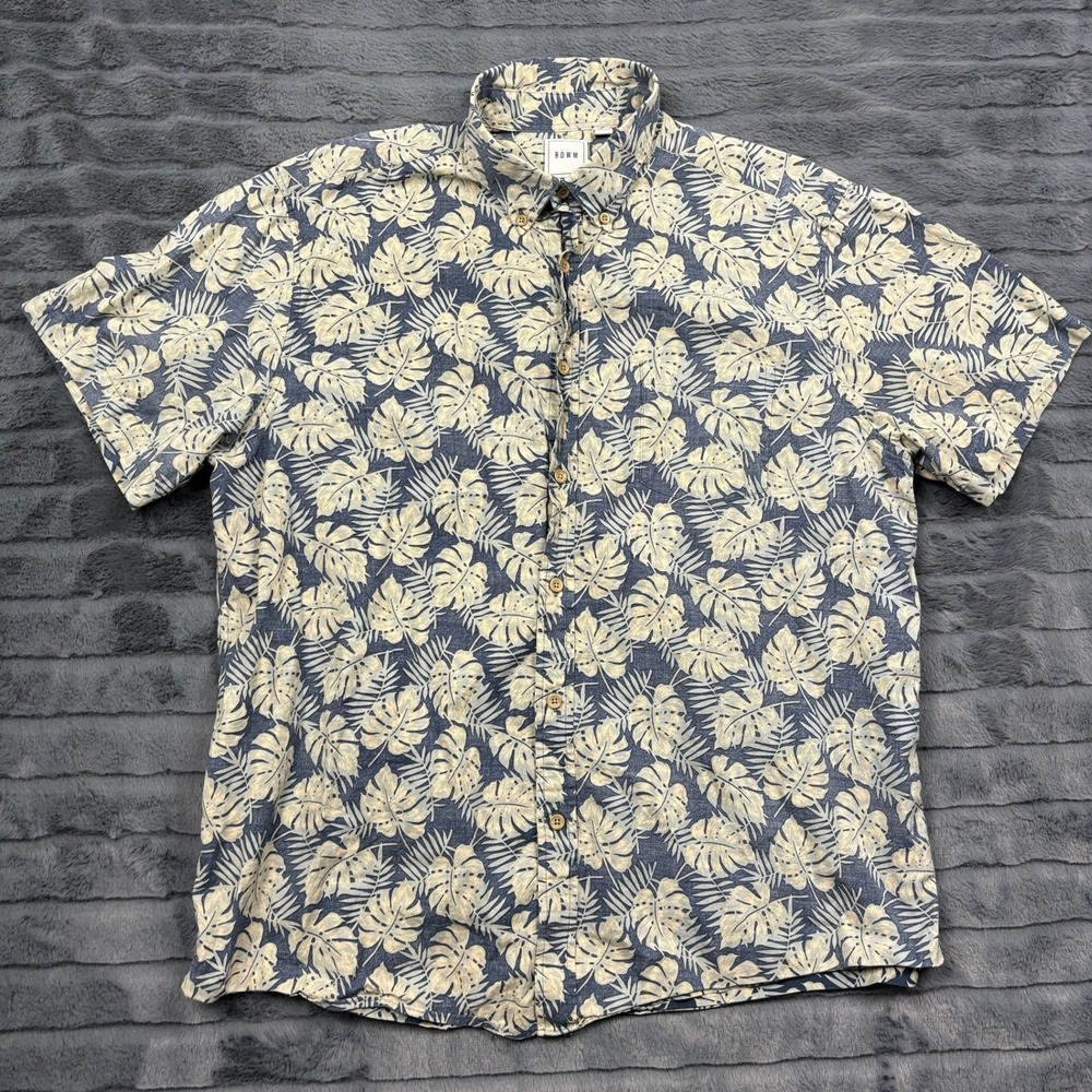 ROWM Mens XL Blue Tropical Monstera Leaf Print Short Sleeve Button Down Shirt